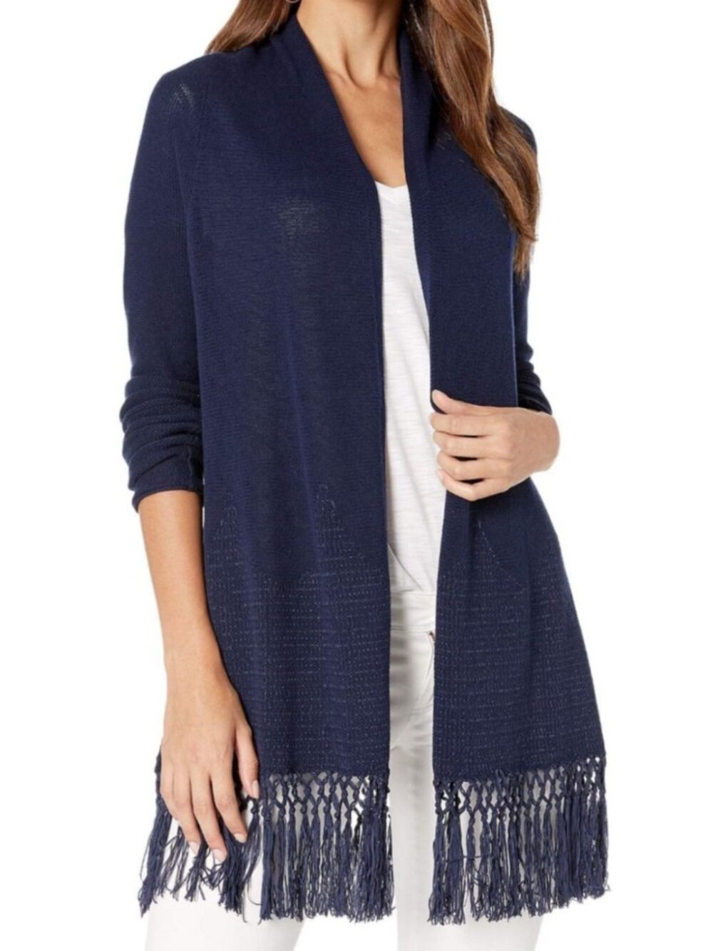 Lilly Pulitzer Navy Blue Cotton Tatum Open Fringe Long Cardigan Sz S Preppy